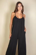 Spaghetti strap solid wide jumpsuit: Black / L - chic life.com