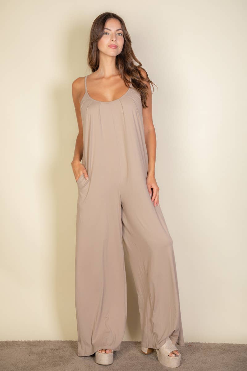Spaghetti strap solid wide jumpsuit: Black / L - chic life.com
