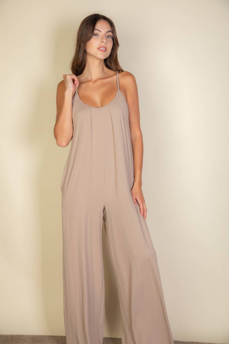 Spaghetti strap solid wide jumpsuit: Black / L - chic life.com
