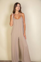 Spaghetti strap solid wide jumpsuit: Black / L - chic life.com