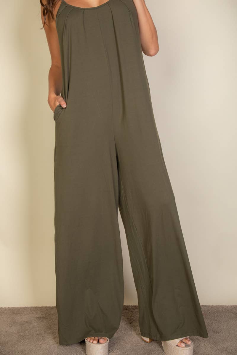 Spaghetti strap solid wide jumpsuit: Black / L - chic life.com