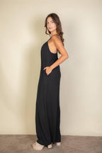 Spaghetti strap solid wide jumpsuit: Black / L - chic life.com
