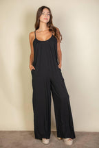 Spaghetti strap solid wide jumpsuit: Black / L - chic life.com