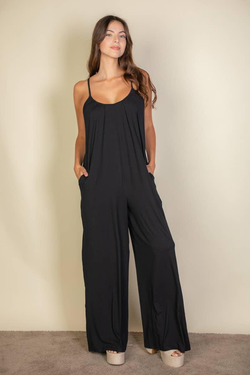 Spaghetti strap solid wide jumpsuit: Black / L - chic life.com