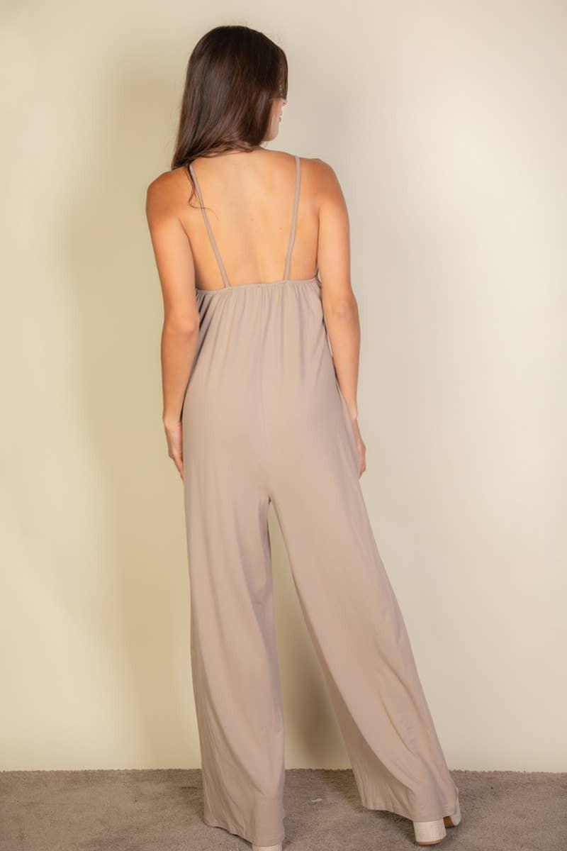 Spaghetti strap solid wide jumpsuit: Black / L - chic life.com
