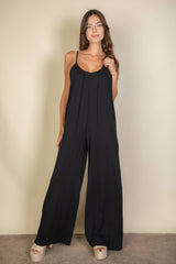 Spaghetti strap solid wide jumpsuit: Black / M - chic life.com