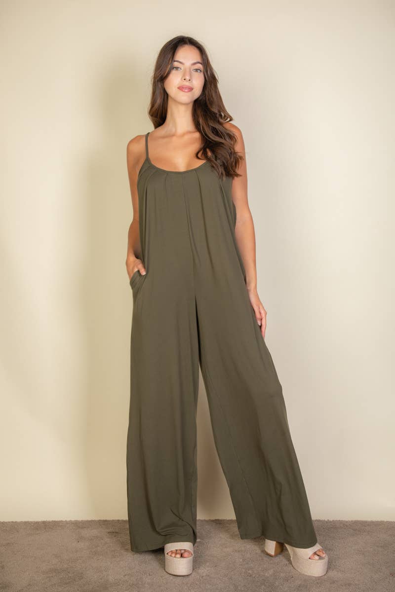 Spaghetti strap solid wide jumpsuit: Black / M - chic life.com