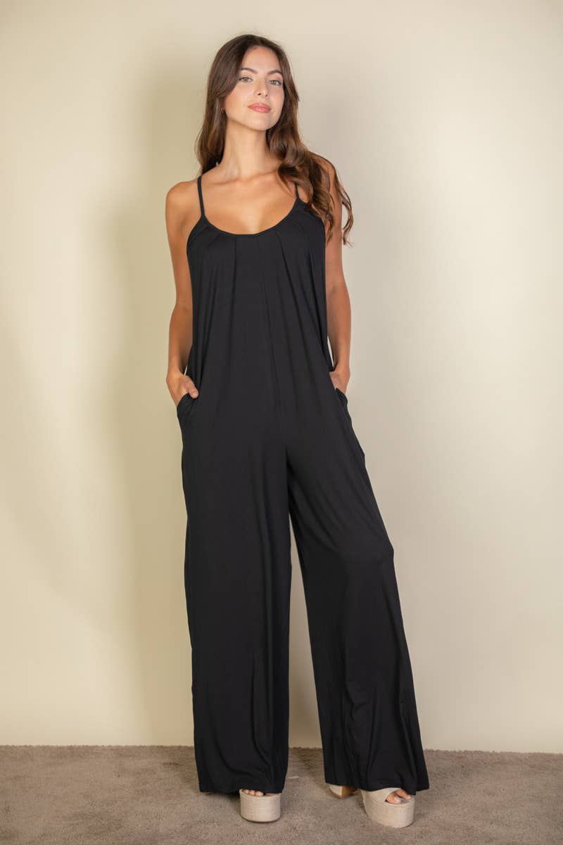 Spaghetti strap solid wide jumpsuit: Black / S - chic life.com