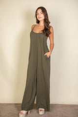 Spaghetti strap solid wide jumpsuit: Black / S - chic life.com