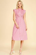 STRIPED BUTTON DOWN MIDI DRESS - 7028D: NAVY/WHITE / L - chic life.com