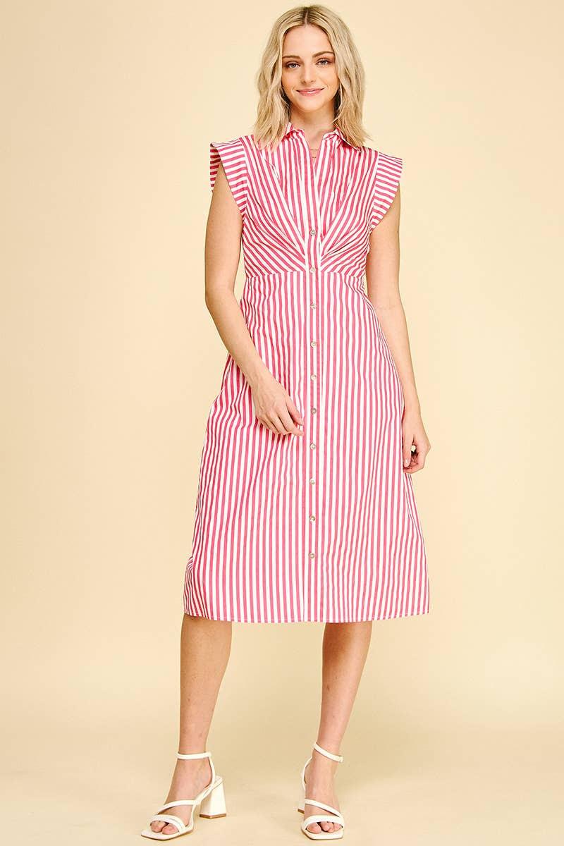 STRIPED BUTTON DOWN MIDI DRESS - 7028D: NAVY/WHITE / L - chic life.com