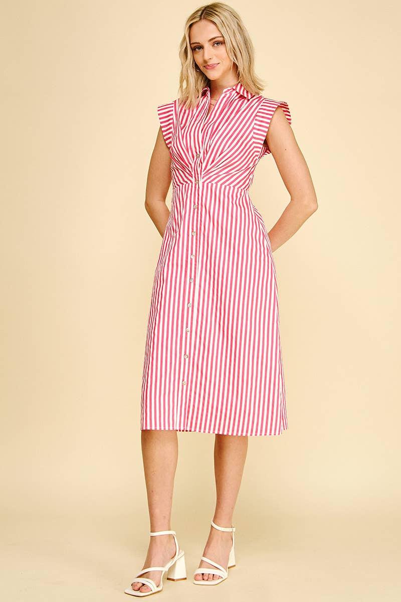 STRIPED BUTTON DOWN MIDI DRESS - 7028D: NAVY/WHITE / L - chic life.com
