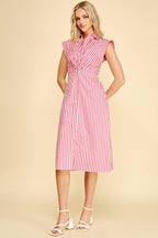 STRIPED BUTTON DOWN MIDI DRESS - 7028D: NAVY/WHITE / L - chic life.com