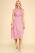 STRIPED BUTTON DOWN MIDI DRESS - 7028D: NAVY/WHITE / L - chic life.com