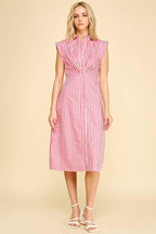STRIPED BUTTON DOWN MIDI DRESS - 7028D: NAVY/WHITE / L - chic life.com