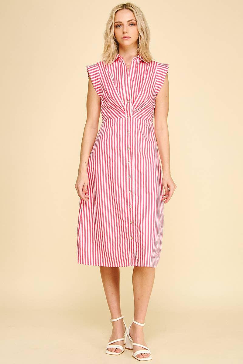STRIPED BUTTON DOWN MIDI DRESS - 7028D: NAVY/WHITE / L - chic life.com