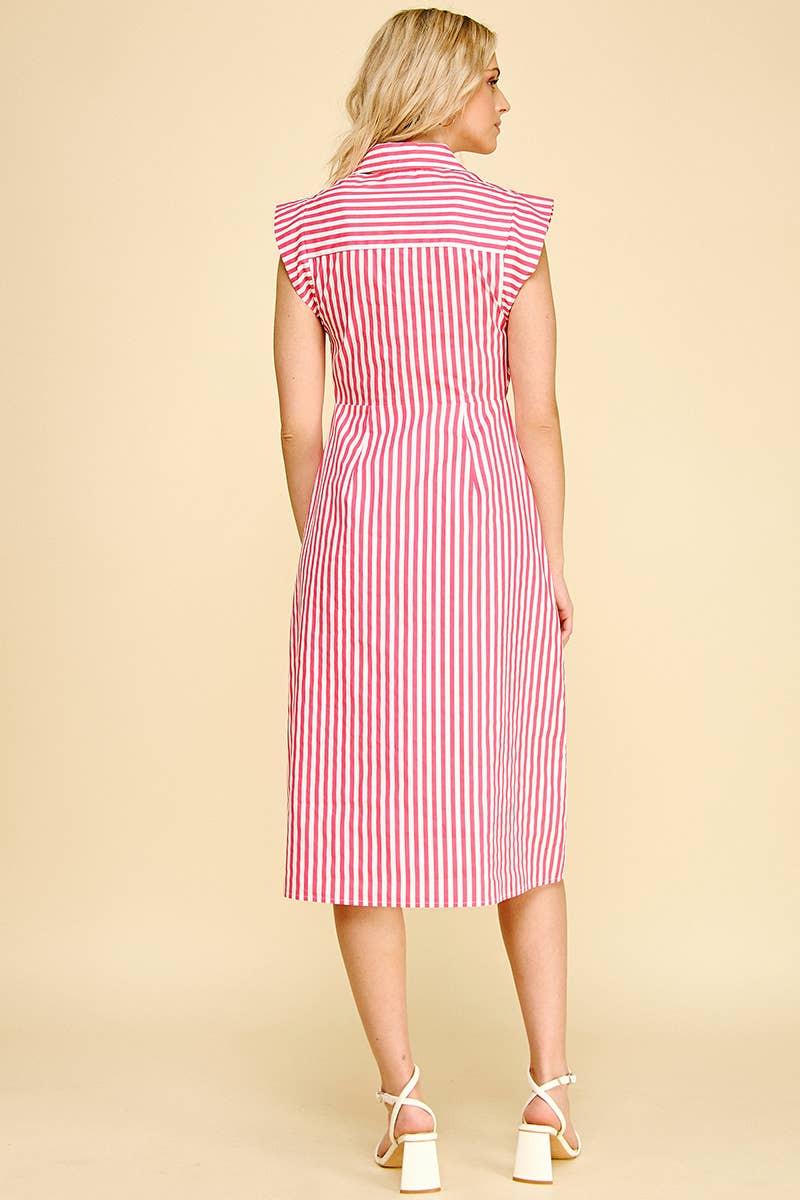 STRIPED BUTTON DOWN MIDI DRESS - 7028D: NAVY/WHITE / L - chic life.com