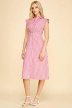 STRIPED BUTTON DOWN MIDI DRESS - 7028D: NAVY/WHITE / L - chic life.com