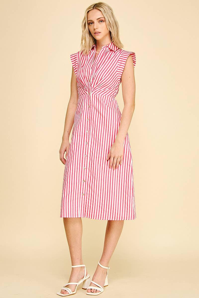 STRIPED BUTTON DOWN MIDI DRESS - 7028D: NAVY/WHITE / L - chic life.com
