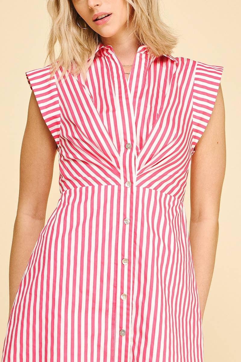 STRIPED BUTTON DOWN MIDI DRESS - 7028D: NAVY/WHITE / L - chic life.com