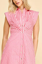 STRIPED BUTTON DOWN MIDI DRESS - 7028D: NAVY/WHITE / L - chic life.com