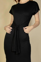 Tie Front Short Sleeve Side Slit Dress: BLACK / S - chic life.com