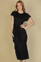 Tie Front Short Sleeve Side Slit Dress: BLACK / S - chic life.com