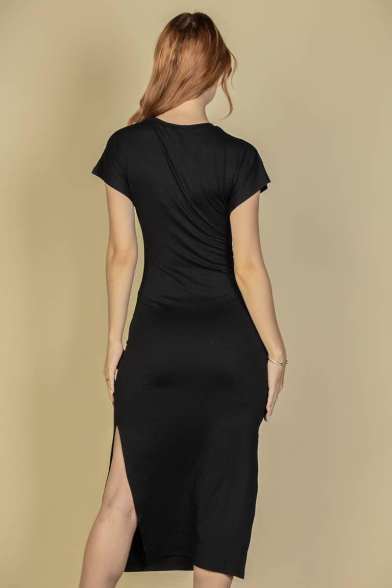 Tie Front Short Sleeve Side Slit Dress: BLACK / S - chic life.com