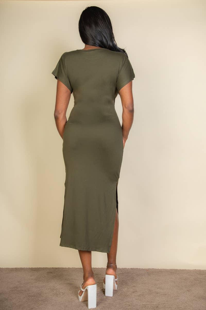 Tie Front Short Sleeve Side Slit Dress: BLACK / S - chic life.com