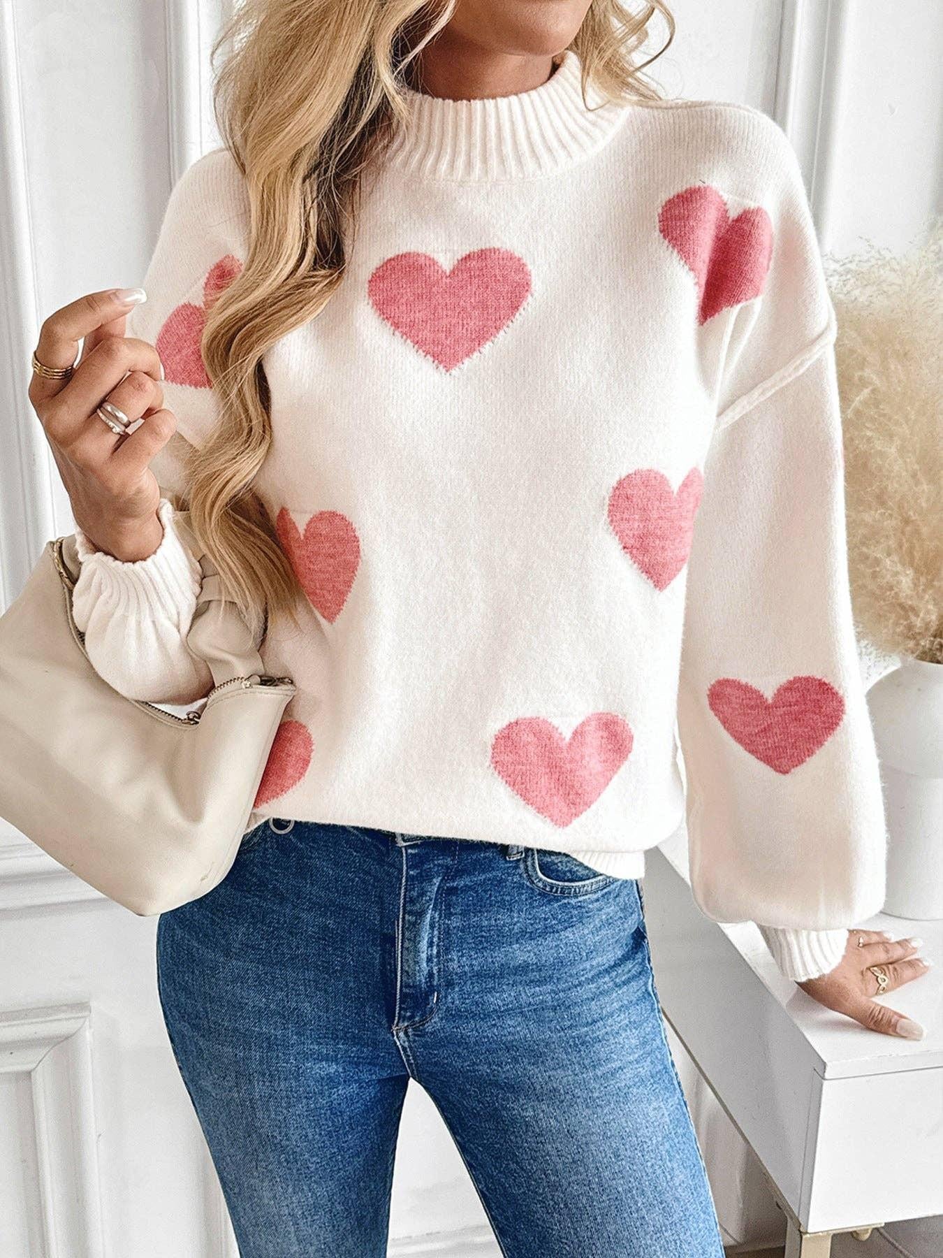 Valentine Heart Pattern Turtleneck Knit Sweater: Light Pink - chic life.com