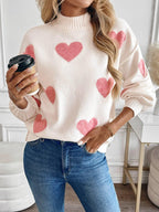 Valentine Heart Pattern Turtleneck Knit Sweater: Light Pink - chic life.com