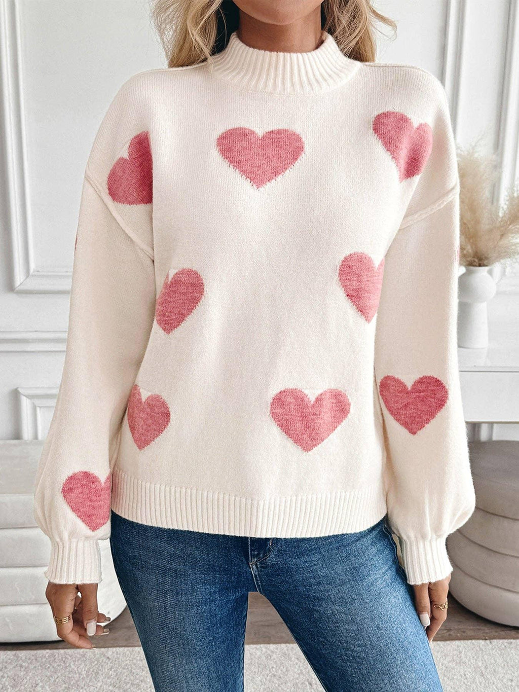 Valentine Heart Pattern Turtleneck Knit Sweater: Light Pink - chic life.com