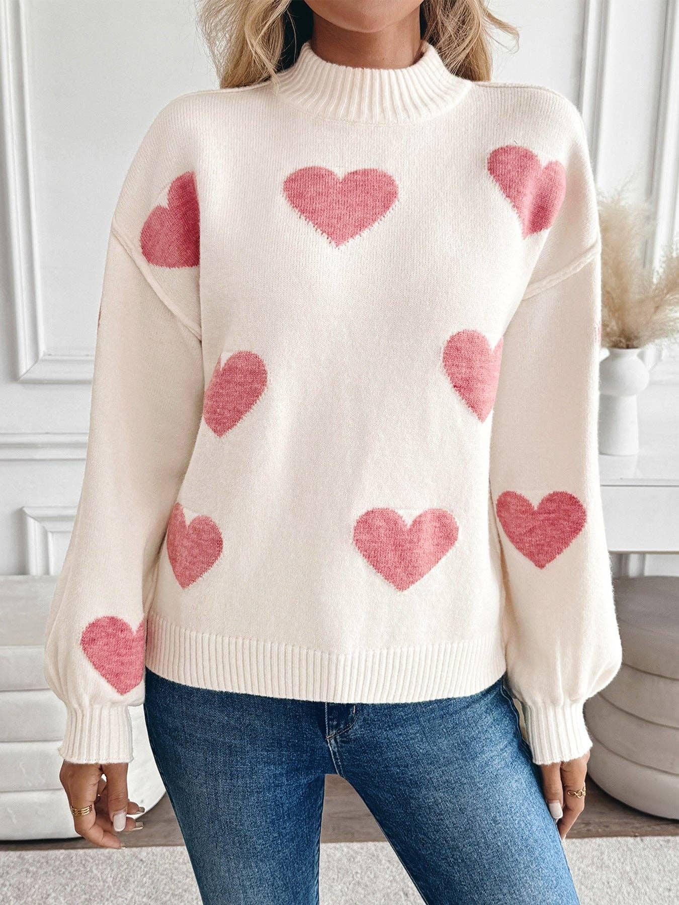 Valentine Heart Pattern Turtleneck Knit Sweater: Light Pink - chic life.com