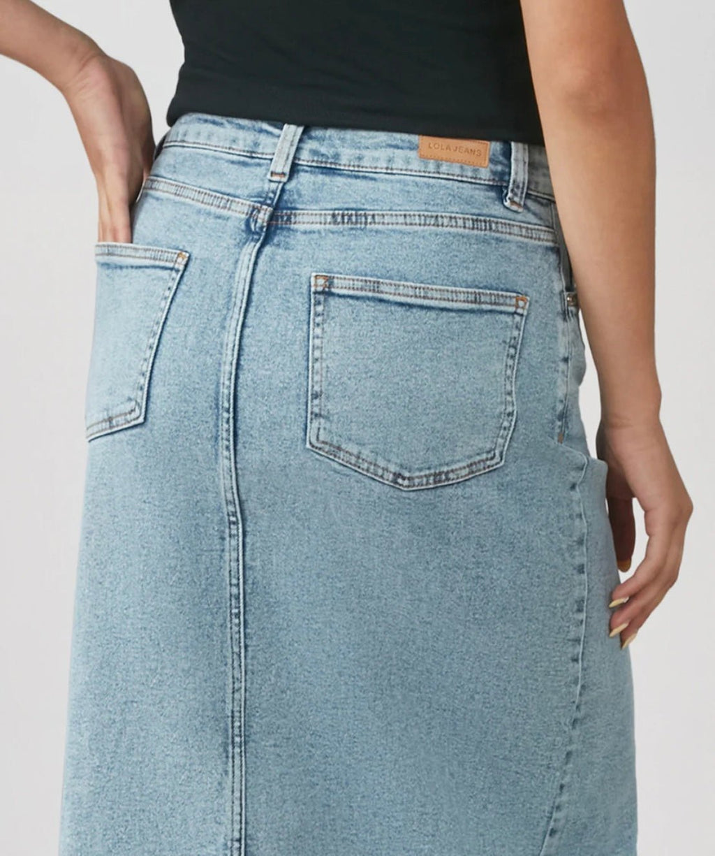 Vintage Ice Blue High - Rise Maxi Denim Skirt by Lola Jeans - chic life.com